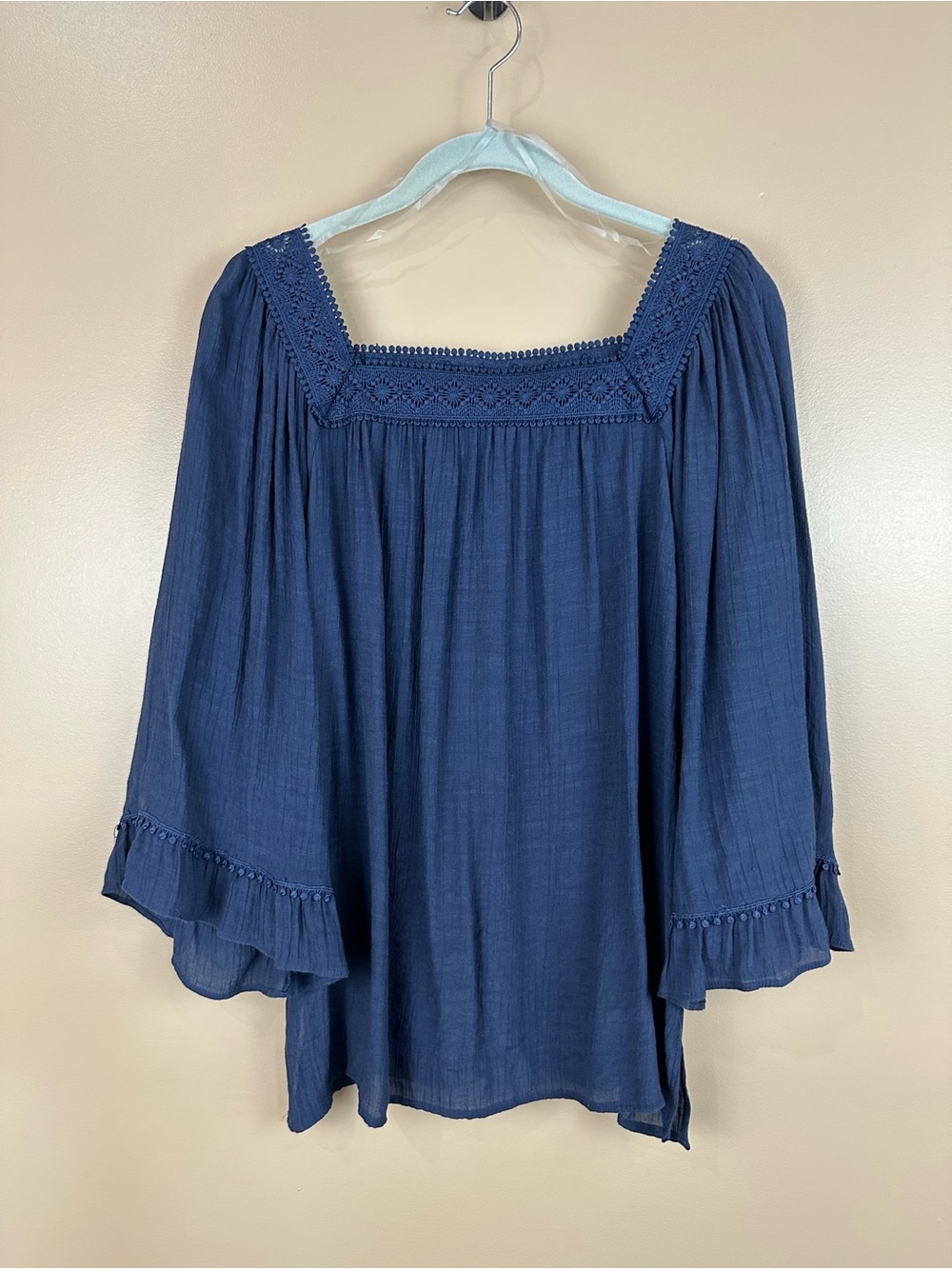 Zac & Rachel Navy Blue Boho Blouse Large Square Neck Crochet Lace Bell Sleeve